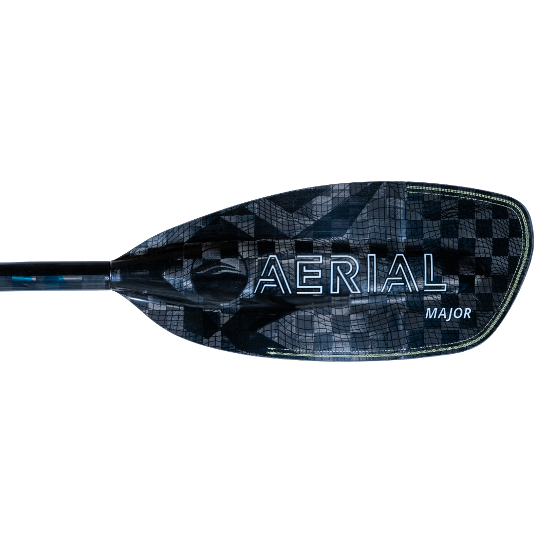 New Aqua bound whitewater kayak paddle, White Aerial Major graphic on backside of left carbon fiber blade, topographic image, with patent pending lam-lok technology
