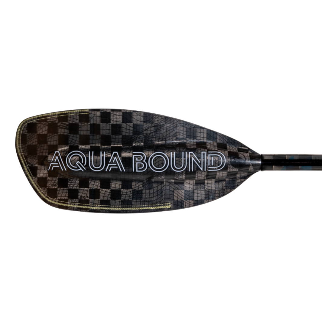 New whitewater kayak paddle, White Aqua Bound graphic on backside of right carbon fiber blade, topographic image, with patent pending lam-lok technology