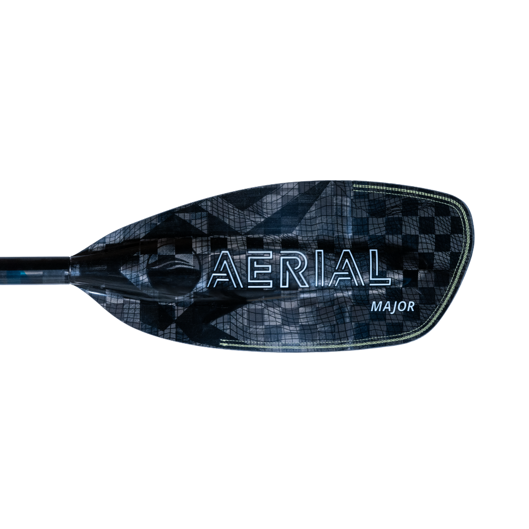New Aqua bound whitewater kayak paddle, White Aerial Major graphic on backside of left carbon fiber blade, topographic image, with patent pending lam-lok technology