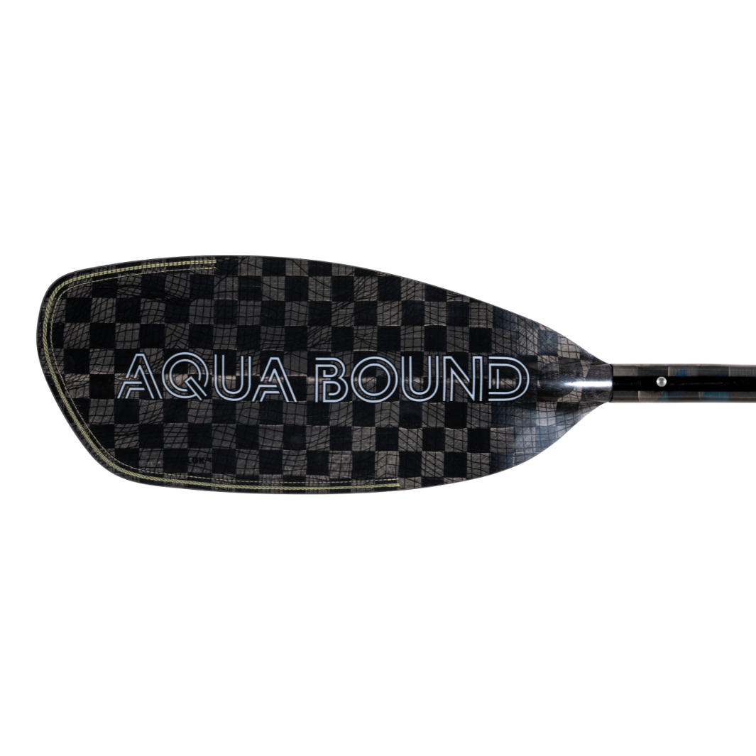 White Aqua Bound Graphic On Left Front Blade Of Aerial Major Carbon Fiber whitewater kayak paddle, topographic image, With patent pending Lam-Lok Technology. Four-piece breakdown stainless steel snap-buttons at blades