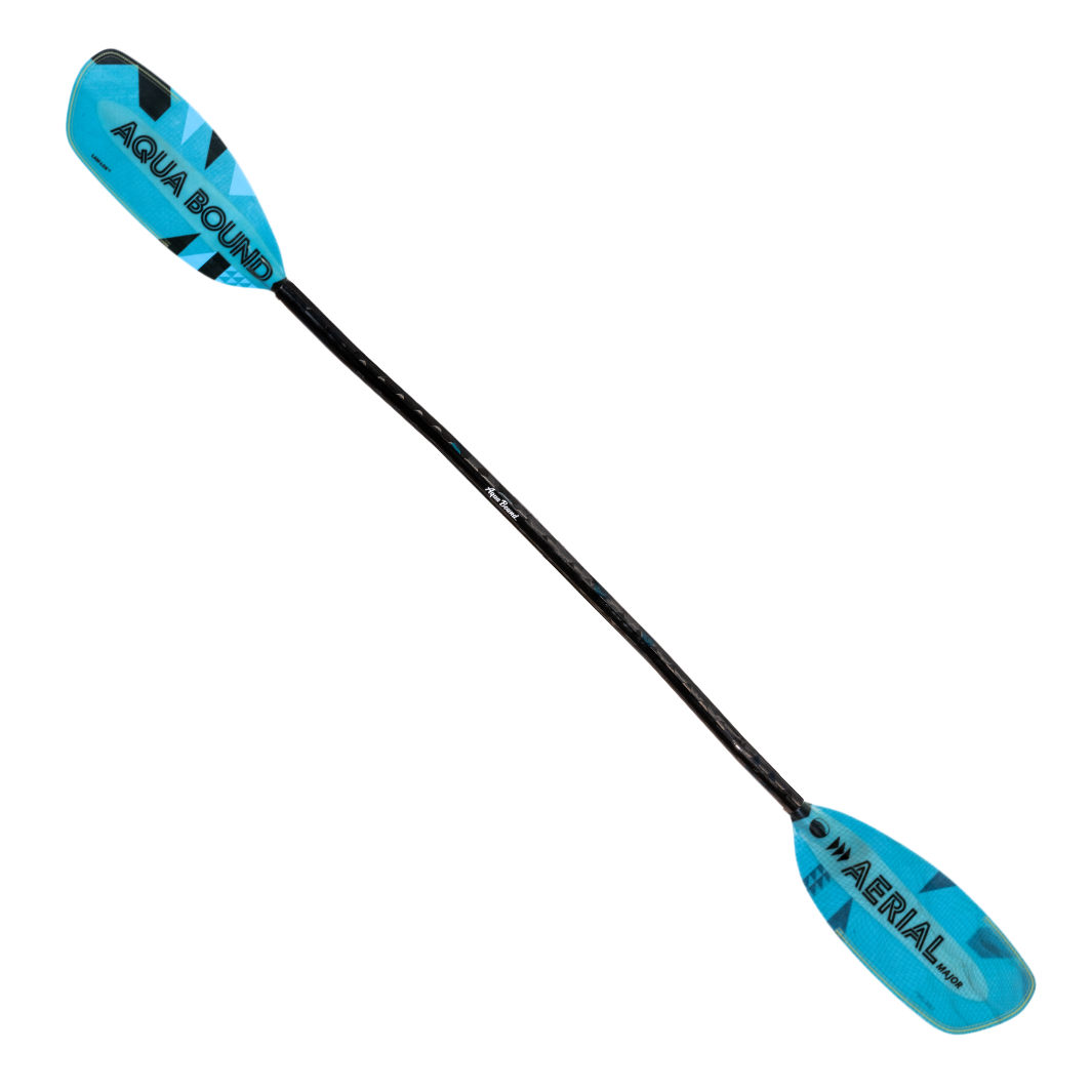 Full Front Profile Of The New Whitewater Aqua Bound Aerial Major Fiberglass kayak paddle with light Blue, bauhaus graphic, With patent pending Lam-Lok Technology In A 1-Piece Crank Shaft