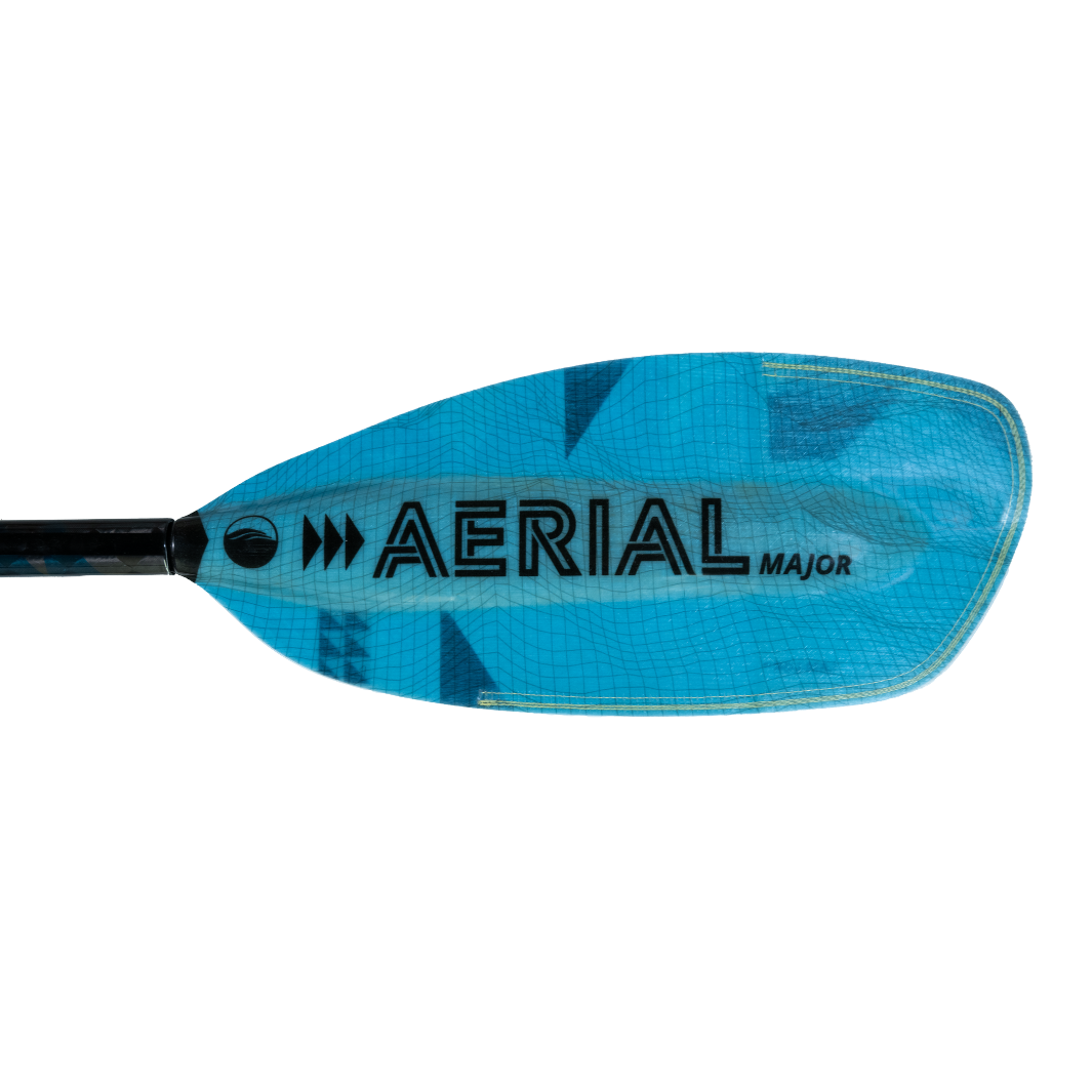 New Aqua bound whitewater kayak paddle, Black Aerial Major graphic on backside of left fiberglass blade, light Blue, bauhaus blade, Aqua bound whitewater kayak paddle with patent pending lam-lok technology