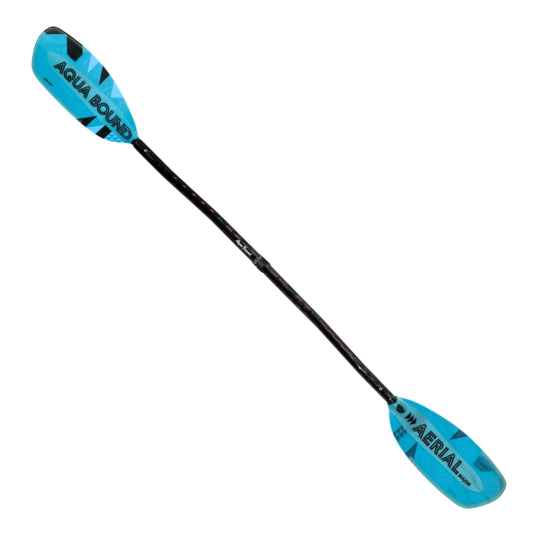 Full Front Profile Of The New Whitewater Aqua Bound Aerial Major Fiberglass kayak paddle with light Blue, bauhaus graphic, With patent pending Lam-Lok Technology In A 4-Piece Crank Shaft. Four-piece breakdown with Versa-Lok™ ferrule at center connection and stainless steel snap-buttons at blades
