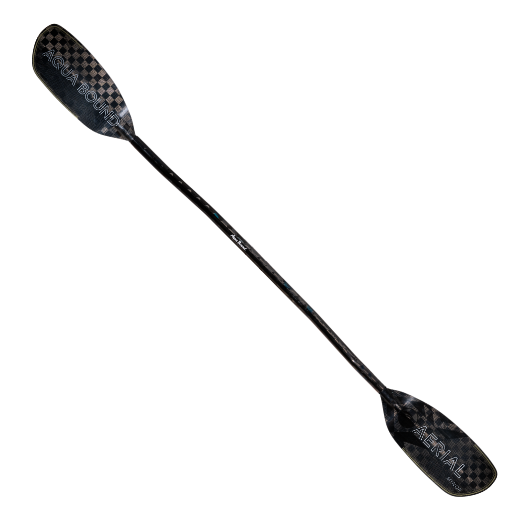 Full Front Profile Of The New Whitewater Aqua Bound Aerial Minor Carbon Fiber kayak paddle  With patent pending Lam-Lok Technology In A 1-Piece Crank Shaft