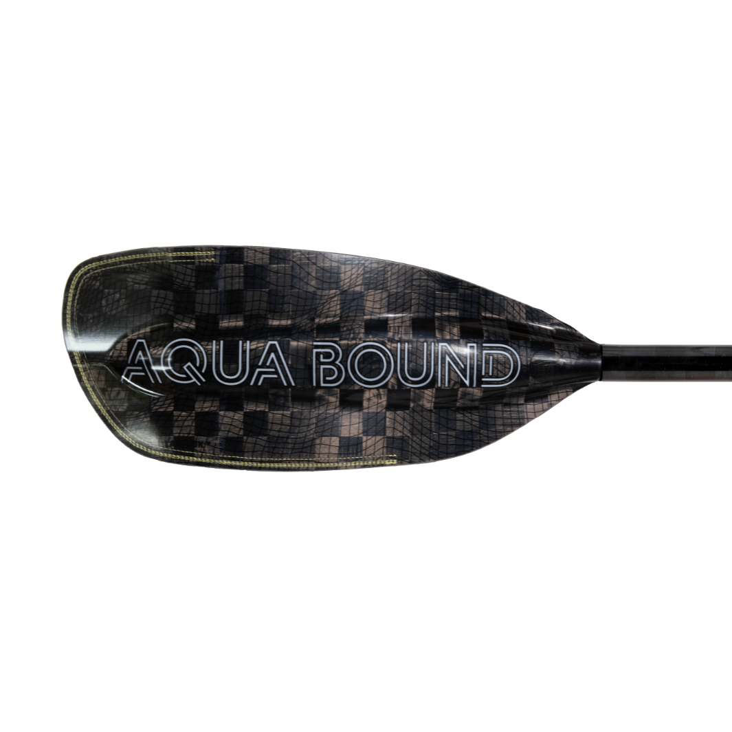 New whitewater kayak paddle, White Aqua Bound graphic on backside of right carbon fiber blade, topographic image, with patent pending lam-lok technology