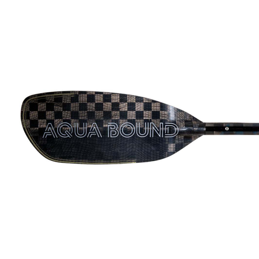 White Aqua Bound Graphic On Left Front Blade Of Aerial Minor Carbon Fiber whitewater kayak paddle, topographic image, With patent pending Lam-Lok Technology Four-piece breakdown stainless steel snap-buttons at blades