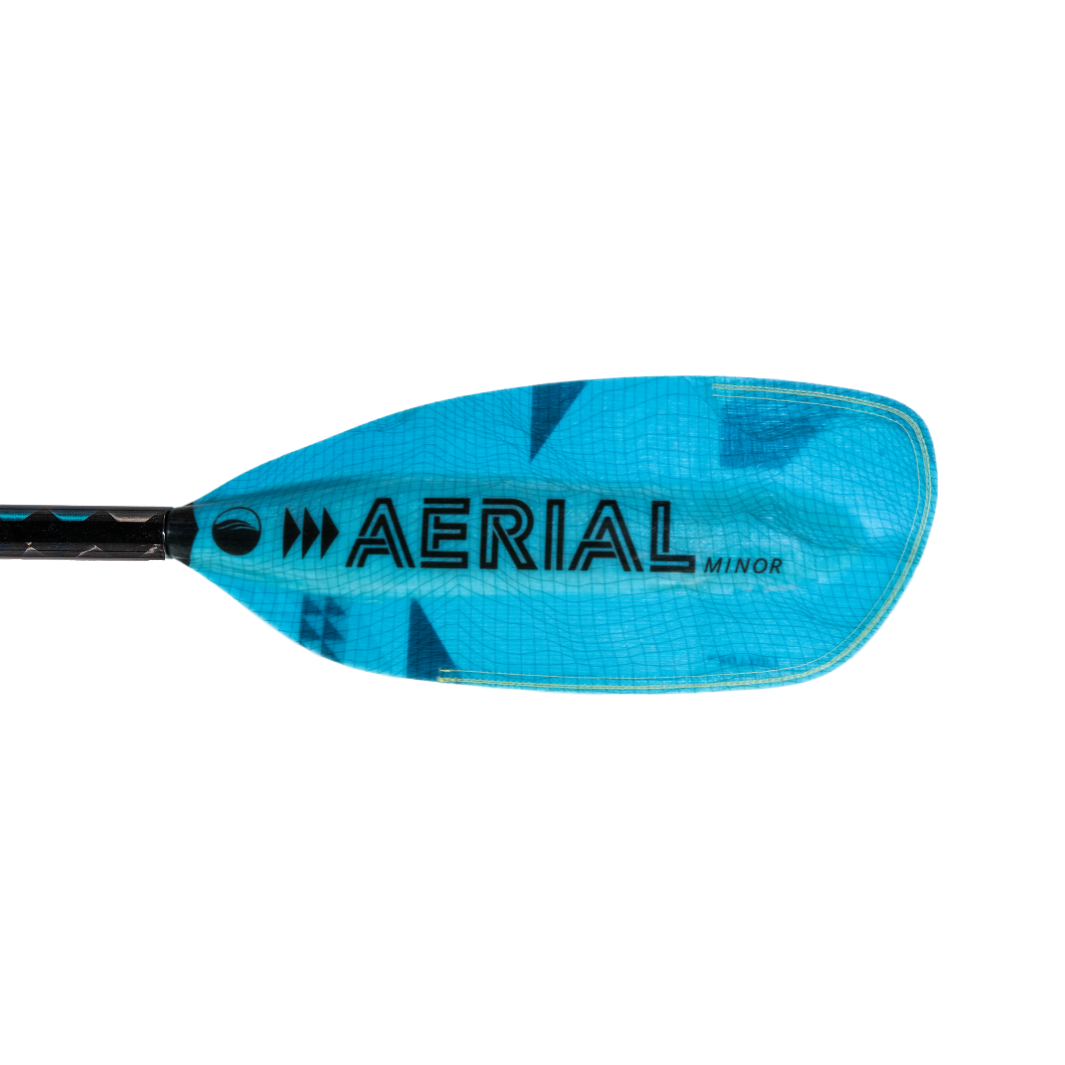 New Aqua bound whitewater kayak paddle, Black Aerial Minor graphic on backside of left fiberglass blade, light Blue, bauhaus blade, Aqua bound whitewater kayak paddle with patent pending lam-lok technology