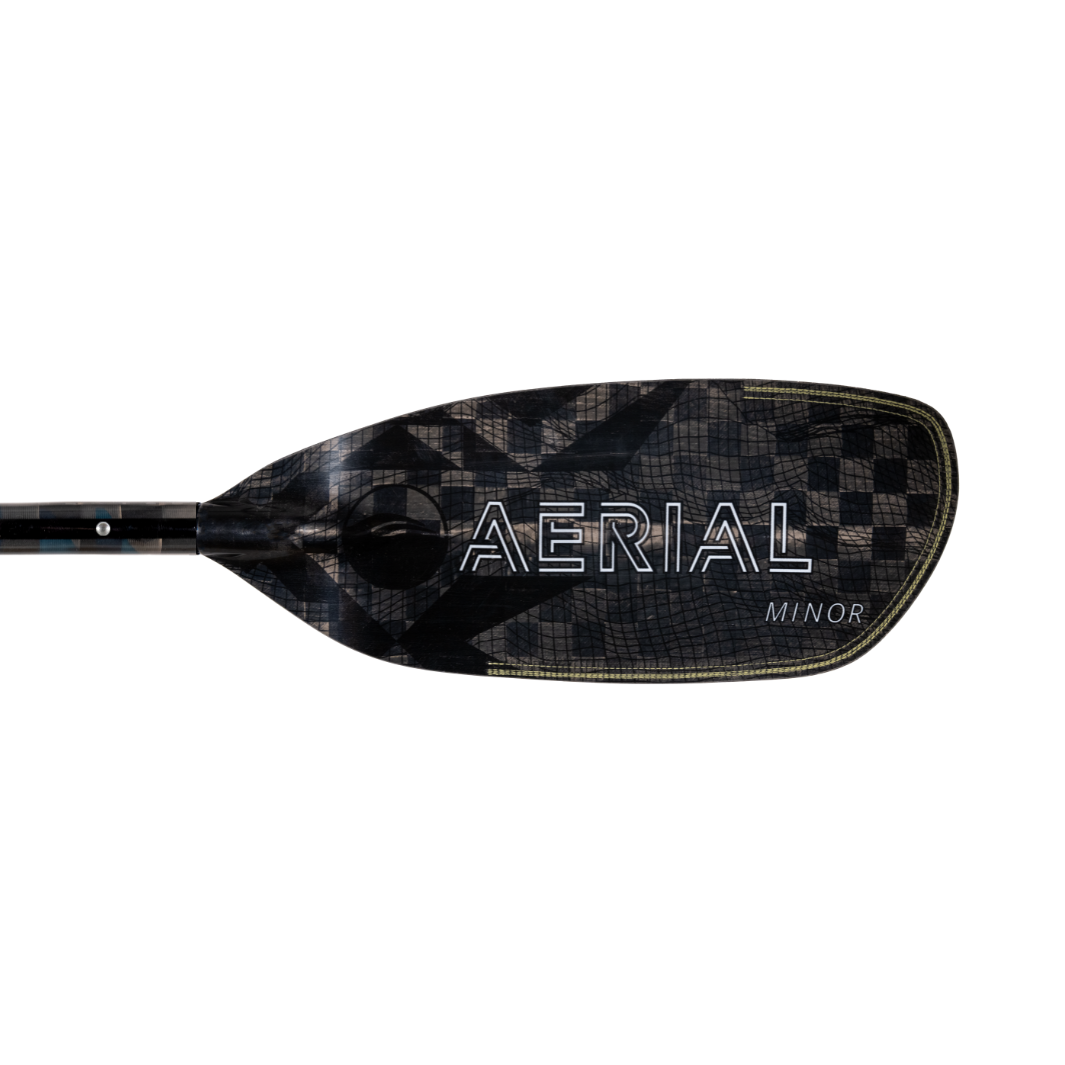 White Aerial Minor graphic on right front blade of aerial minor carbon fiber aqua bound whitewater kayak paddle, topographic image, with patent pending Lam-Lok technology Four-piece breakdown stainless steel snap-buttons at blades 